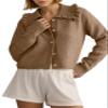 Arssm Womens Ruffle Collar Cardigan Cropped Button Down Open Front Sweaters Knitted Long Sleeve Spring 2025 Elegant Outwear(Brown-L) view 1