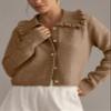 Arssm Womens Ruffle Collar Cardigan Cropped Button Down Open Front Sweaters Knitted Long Sleeve Spring 2025 Elegant Outwear(Brown-L) view 2
