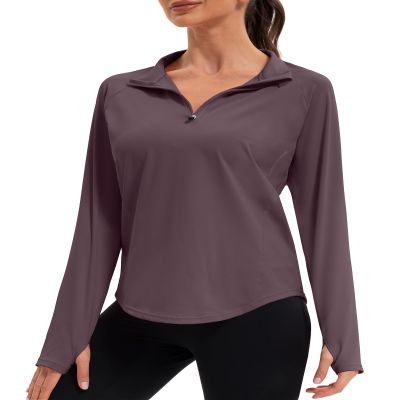 addigi Women's 1/4 Zip Long Sleeve Workout Tops Athletic Running Yoga Hiking Pullover Quick Dry UPF 50+ Sun Shirts with Thumb Hole Brownness Medium