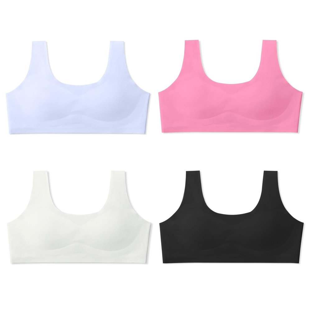 Sascina Bra for Girls 10-12 Seamless Teen Girls Sports Bras Ultra Comfort Soft Tween Bras 10-16 Removeable Padding Black+Bone White+Rose Pink+Candy Blue