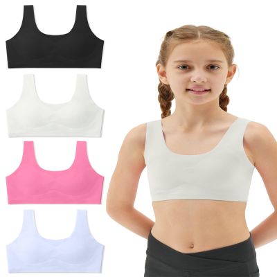 Sascina Girls' Training Bras Seamless Teen Girls Sports Bras Ultra Comfort Soft Tween Bras 10-16 Removeable Padding Black+Bone White+Rose Pink+Candy Blue