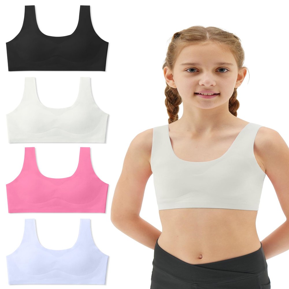 Sascina Girls' Training Bras Seamless Teen Girls Sports Bras Ultra Comfort Soft Tween Bras 10-16 Removeable Padding Black+Bone White+Rose Pink+Candy Blue