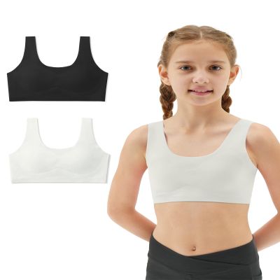 Sascina Girls Sports Bras 10-12 Seamless Teen Girls Sports Bra Ultra Comfort Soft Tween Bras 10-16 Removeable Padding Black+Bone White