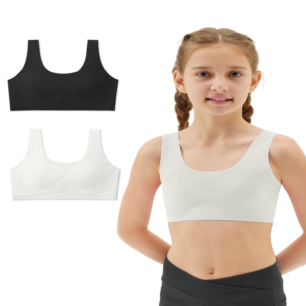 Sascina Girls Sports Bras 10-12 Seamless Teen Girls Sports Bra Ultra Comfort Soft Tween Bras 10-16 Removeable Padding Black+Bone White