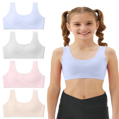 Sascina Teen Bras for Girls Ages 12-14 Seamless Teen Girls Sports Bra Ultra Comfort Soft Tween Bras 10-16 Removeable Padding Nude+Light Gray+Candy Blue+Sand Pink