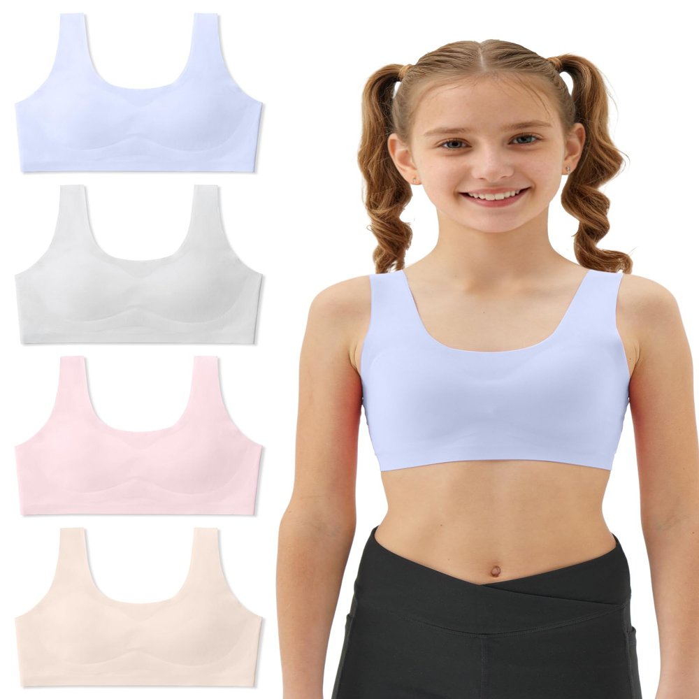 Sascina Teen Bras for Girls Ages 12-14 Seamless Teen Girls Sports Bra Ultra Comfort Soft Tween Bras 10-16 Removeable Padding Nude+Light Gray+Candy Blue+Sand Pink