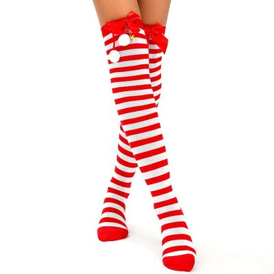 deladola Christmas Striped Thigh High Socks,Candy Cane Stockings with Bow for Women (Red Bow)