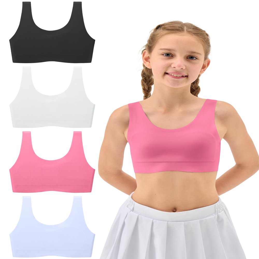 Sascina Training Bras for Girls 7-8 Seamless Girls First Bra Sports 7-8 Bras Stretchy Comfortable- No Pads, Chest Double Lined, Small Black/White/Pink/Blue