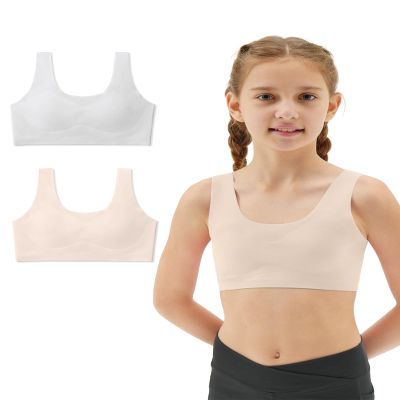 Sascina Kids Bra Seamless Teen Girls Sports Bras Ultra Comfort Soft Tween Bras 10-16 Removeable Padding Nude+Light Gray