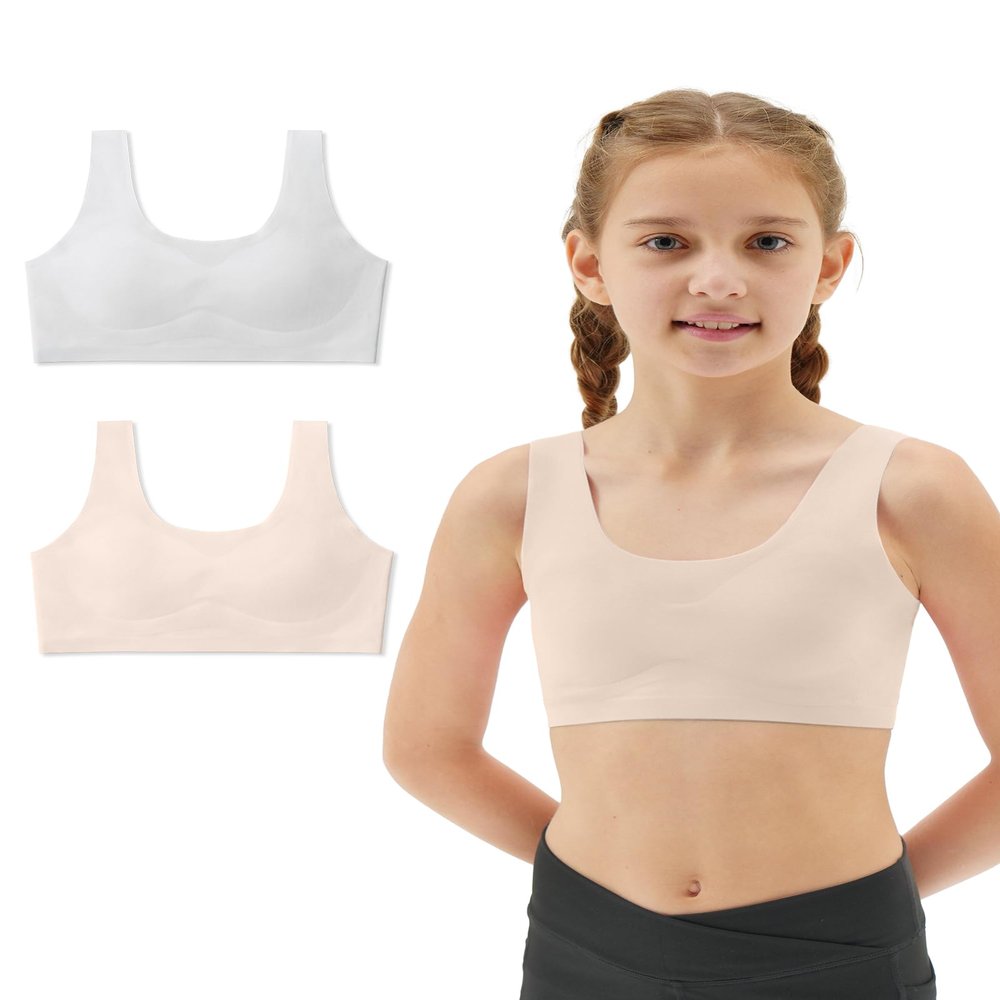 Sascina Kids Bra Seamless Teen Girls Sports Bras Ultra Comfort Soft Tween Bras 10-16 Removeable Padding Nude+Light Gray
