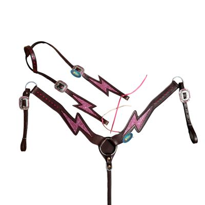 MOUSM Western Horse Tack Set with Pink Rhinestone Thunderbolt Carving, Pink Buck Stitching, and Accents - Premium Bridle Set