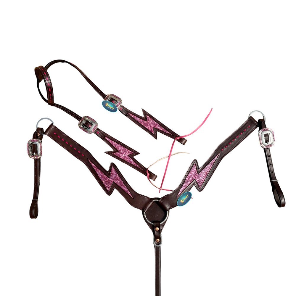 MOUSM Western Horse Tack Set with Pink Rhinestone Thunderbolt Carving, Pink Buck Stitching, and Accents - Premium Bridle Set