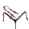 MOUSM Western Horse Tack Set with Pink Rhinestone Thunderbolt Carving, Pink Buck Stitching, and Accents - Premium Bridle Set view 1