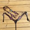 MOUSM Western Horse Tack Set with Pink Rhinestone Thunderbolt Carving, Pink Buck Stitching, and Accents - Premium Bridle Set view 2
