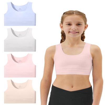 Sascina Girl Bras 10-12 Years Old Seamless First Bra Girls Sports Bras Longline Crop Bra - No Pads, Chest Double Lined Nude+Light Gray+Candy Blue+Sand Pink