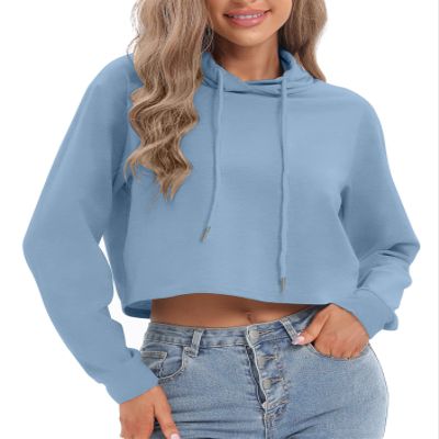 milanpavilion Blue Hoodies for Women,Long Sleeve Crop Top Hoodies for Teen Girls Women's Drawstring Cropped Hoodie Casual Plain Workout Crop Tops Sweatshirt