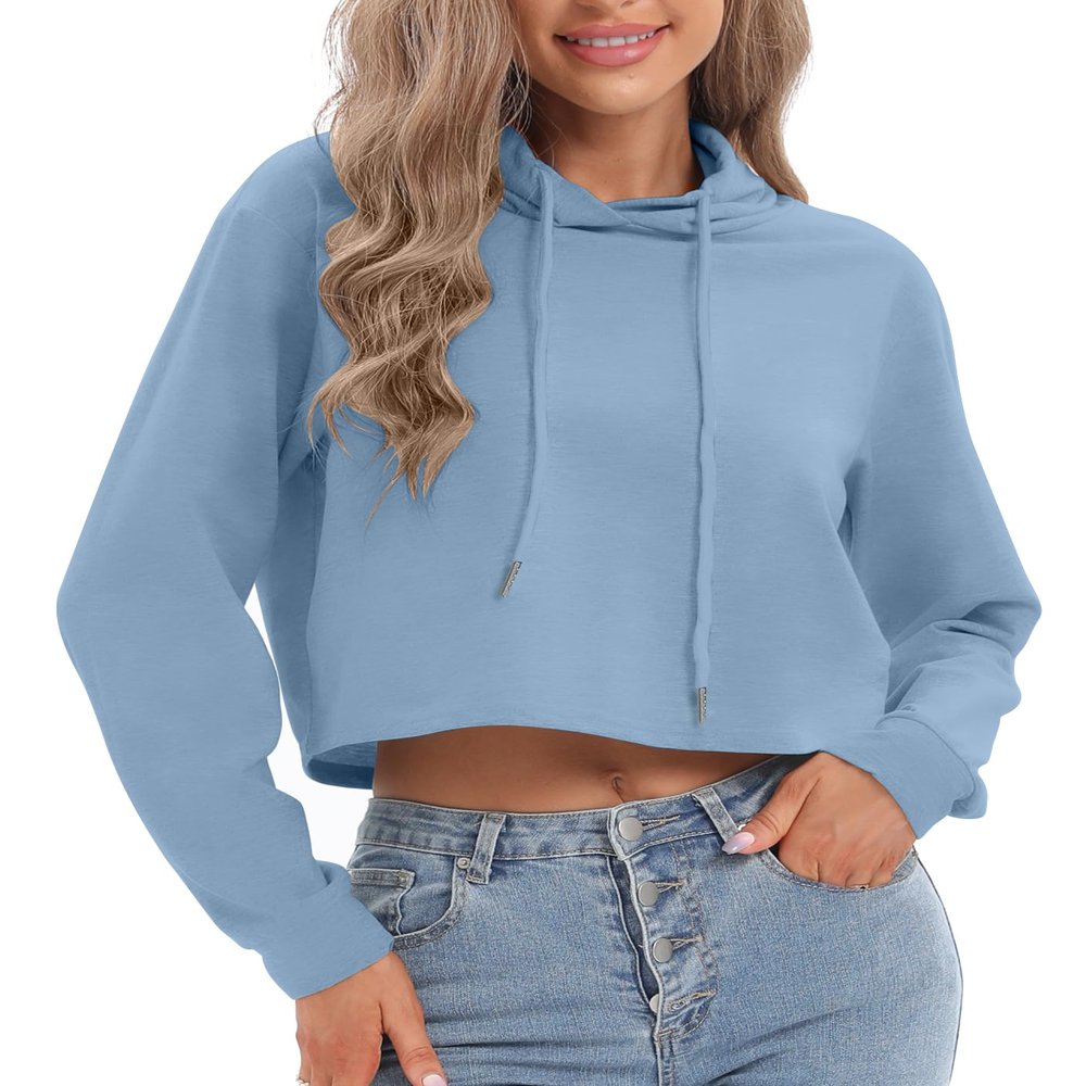 milanpavilion Blue Hoodies for Women,Long Sleeve Crop Top Hoodies for Teen Girls Women's Drawstring Cropped Hoodie Casual Plain Workout Crop Tops Sweatshirt