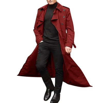 Trench Coat, Men's Trench & Rain Coats Long Sleeve Lapel Trendy Classic Mid Length Fashion Casual Button Mens Coats Winter Men Clothing Mens Snowboard Jacket(A Red,Medium)