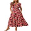 BLENCOT Womens Maxi Dresses Summer Casual Dress Cap Short Sleeve V Neck Beach Flowy Fashion Boho Floral Printed Tie Dress with Pockets P320 Red L view 1