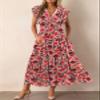 BLENCOT Womens Maxi Dresses Summer Casual Dress Cap Short Sleeve V Neck Beach Flowy Fashion Boho Floral Printed Tie Dress with Pockets P320 Red L view 2