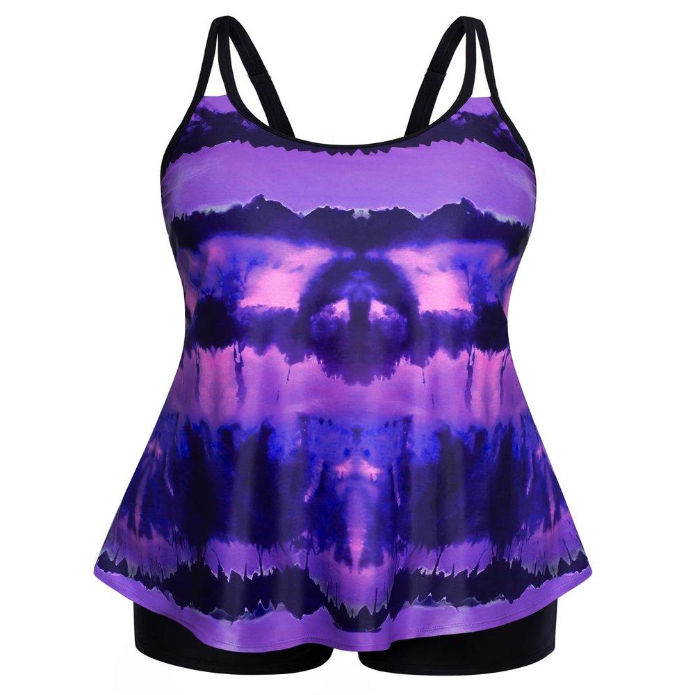 Hanna Nikole Modest Tankini Bathing Suits for Retired Women Plus Size 2 Piece Long Torso Tankini Sets Purple Tie Dye 22 Plus