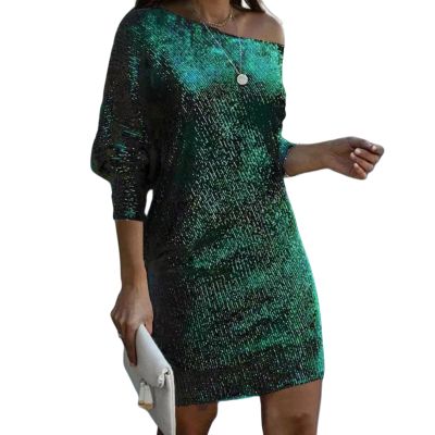 Off Shoulder Sequin Dress for Women Elegant Party Dresses Mini Cocktail Dress (Green,Small)