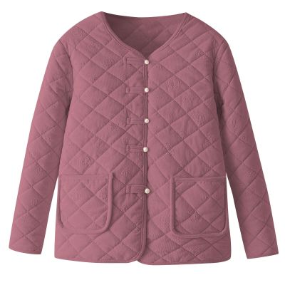 NATHGAM Quilted Jackets Women Lightweight Button Down Puffer Coats Baggy Long Sleeve Collarless Padded Outerwear with Pockets