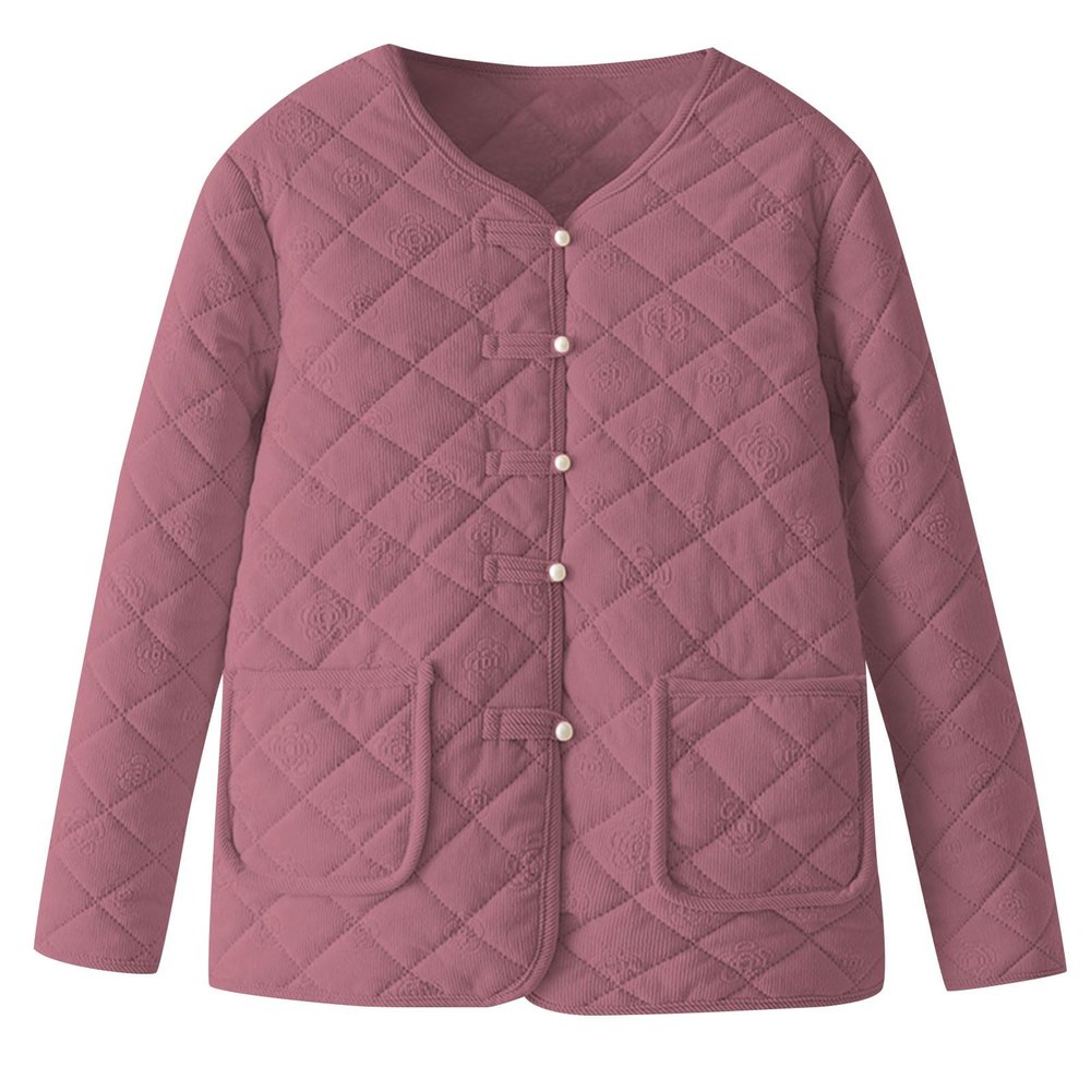NATHGAM Quilted Jackets Women Lightweight Button Down Puffer Coats Baggy Long Sleeve Collarless Padded Outerwear with Pockets