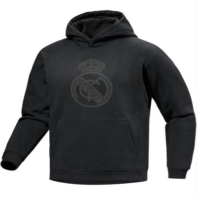 Icon Sports Boy's Real Madrid Pullover Hoodie, Black Logo Print on Black, Youth Sizes Sweatshirt (YS)