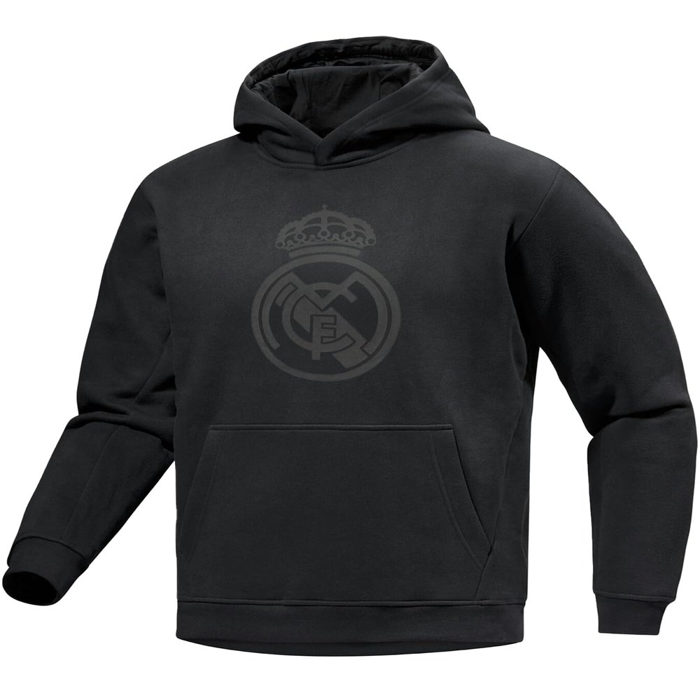 Icon Sports Boy's Real Madrid Pullover Hoodie, Black Logo Print on Black, Youth Sizes Sweatshirt (YS)