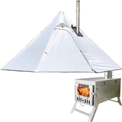 DANCHEL OUTDOOR Backpacking Hot Tent w/Stove Jack, Portable Tipi Tent with T6 Titanium Folding Wood Stove for 1-4 Person Winter Camping Hunting, White, 4m