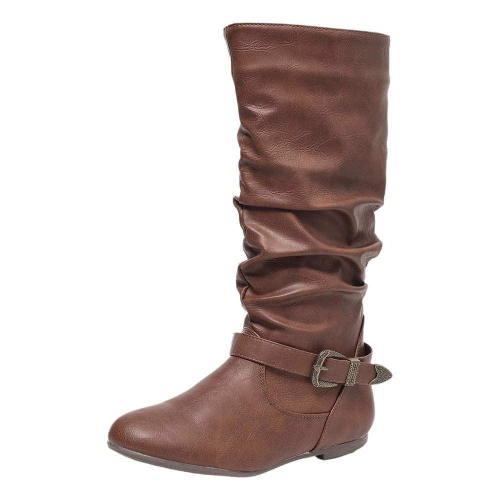 AtXiteli Brown Slouchy Mid Calf Boots for Women - Wide Calf Flat Boots with Metal Lock for Fall (Brown, Adult, Women's, 5, Digital, US Shoe System, Medium (Medium))
