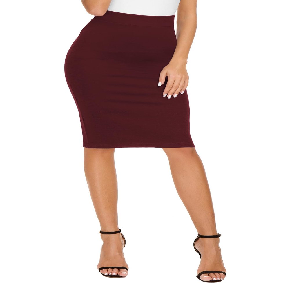 EXCHIC Women's High Waist Bodycon Pencil Skirt Stretchy Knee Length Midi Skirts for Busines Casual (Wine Red, X-Small)