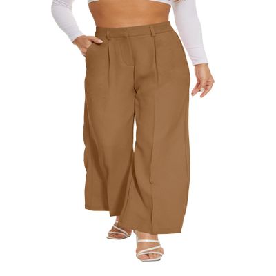 FUNYYZO Women Suit Pants Wide Leg Pants High Elastic Waisted in The Back Business Work Trousers Long Straight Caramel