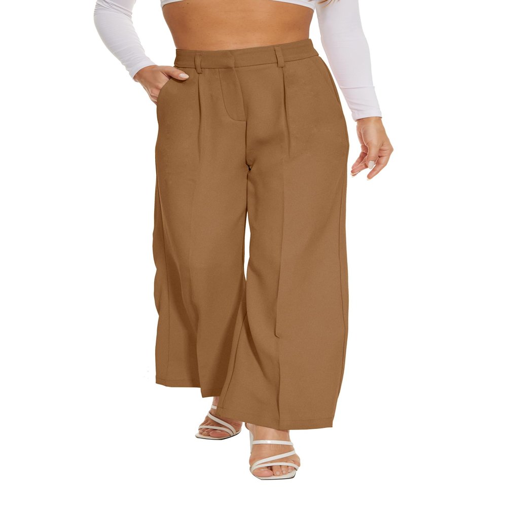 FUNYYZO Women Suit Pants Wide Leg Pants High Elastic Waisted in The Back Business Work Trousers Long Straight Caramel