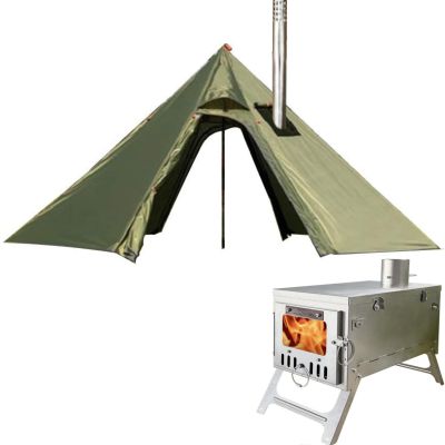 DANCHEL OUTDOOR Backpacking Hot Tent w/Stove Jack, Portable Tipi Tent with T6 Titanium Folding Wood Stove for 2 Person Winter Camping Hunting, Green 3m