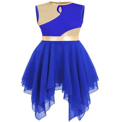 ELLYDOOR Praise Dance Tunic Dresses for Women Sleeveless Gold Color Block Irregular Flowy Skirt Liturgical Worship Lyrical Dance Costume Royal Blue, Tag S
