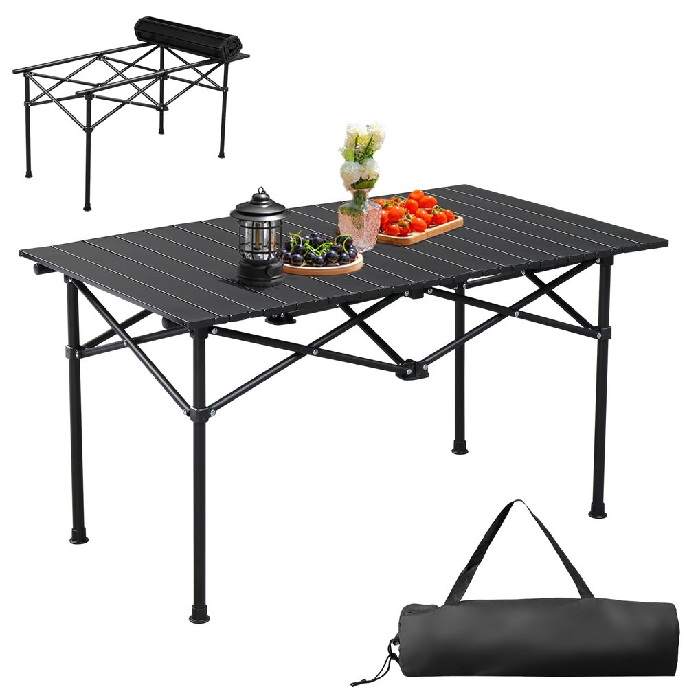 Black Compact Camp Table, Outdoor Folding Table, Portable Camping Side Table, Beach Table, Camping Table, 37x20 inch Foldable Outdoor Table, Roll-Top Table for Camping 95 x 55 x 50cm