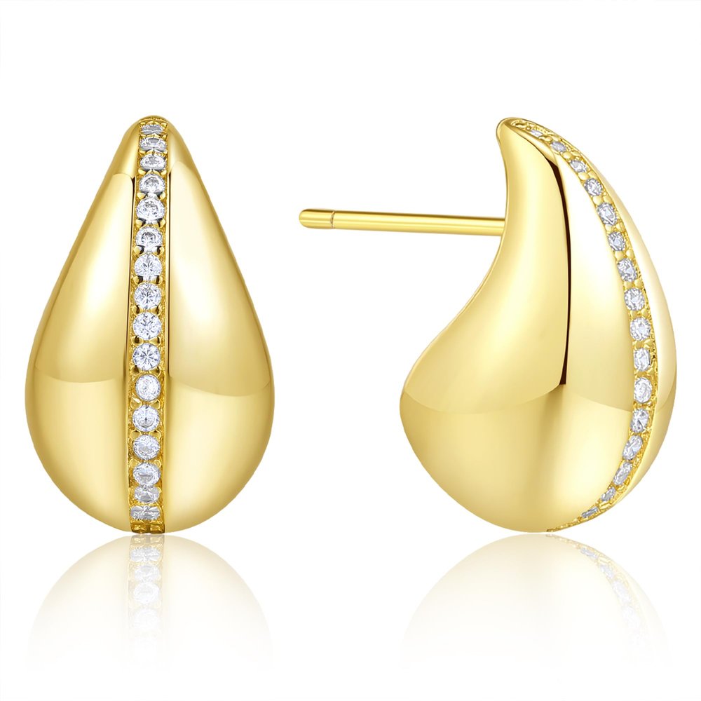 14K Yellow Gold Teardrop Earrings | Puff Rain Drop Earrings | Banks Studs Gold Statement Earrings (Small)