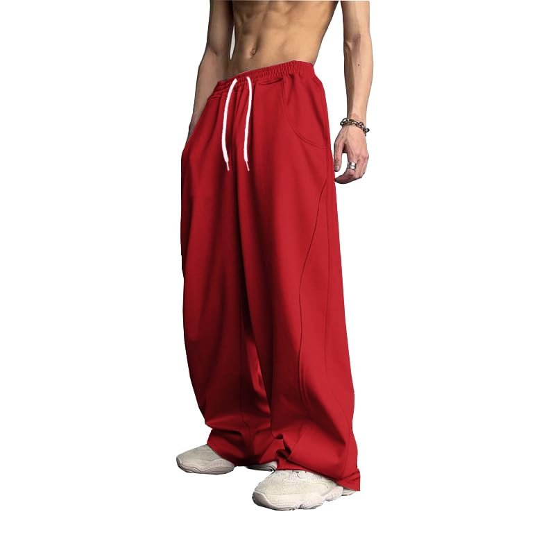 WZIKAI Men's Baggy Sweatpants Elastic Waist Drawstring Wide Leg Sweatpants Casual Loose Baggy Joggers with Pockets Red S