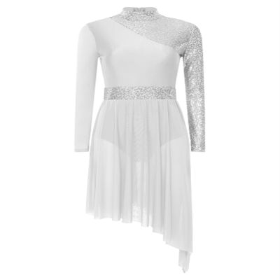 HULIJA Women's Sparkly Sequin Lyrical Dance Costume Long Sleeve Tulle Skirt Leotard Contemporary Dancewear White Medium