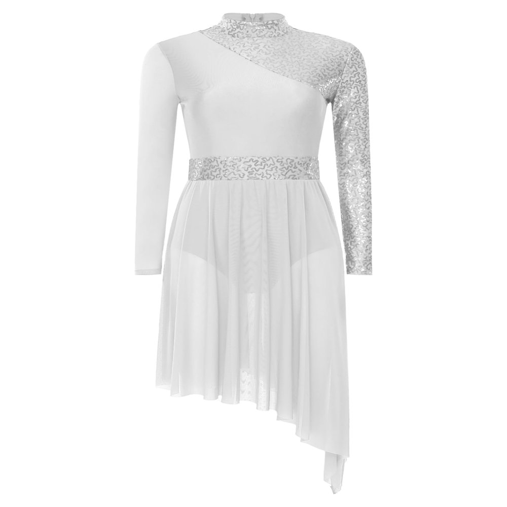 HULIJA Women's Sparkly Sequin Lyrical Dance Costume Long Sleeve Tulle Skirt Leotard Contemporary Dancewear White Medium