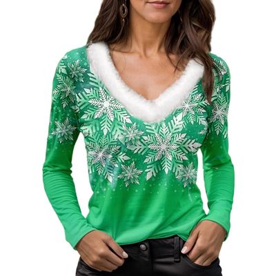 Akivide Christmas Shirts for Women 2024,Casual Long Sleeve Snow Pattern Faux Fur Trim V Neck Tunic Blouse Tops