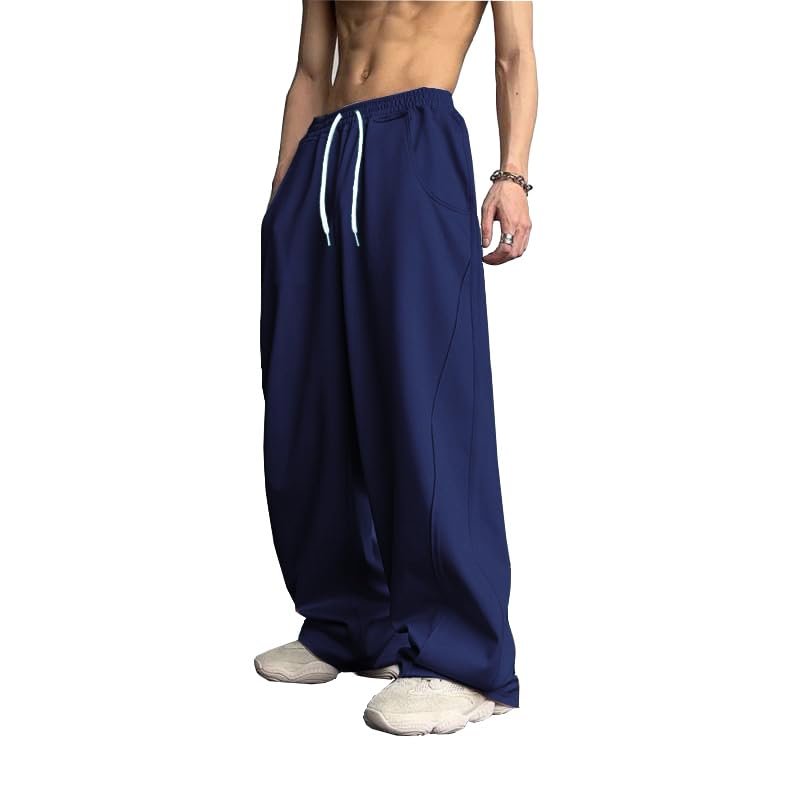 WZIKAI Men's Baggy Sweatpants Elastic Waist Drawstring Wide Leg Sweatpants Casual Loose Baggy Joggers with Pockets Navy Blue L