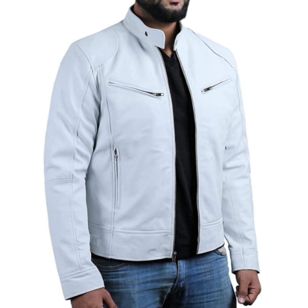 Mens Motorcycle Distressed Leather Jackets Cafe Racer Style PU Jacket Moto Coat Bikers Leather Biker Blazer (White,Large)