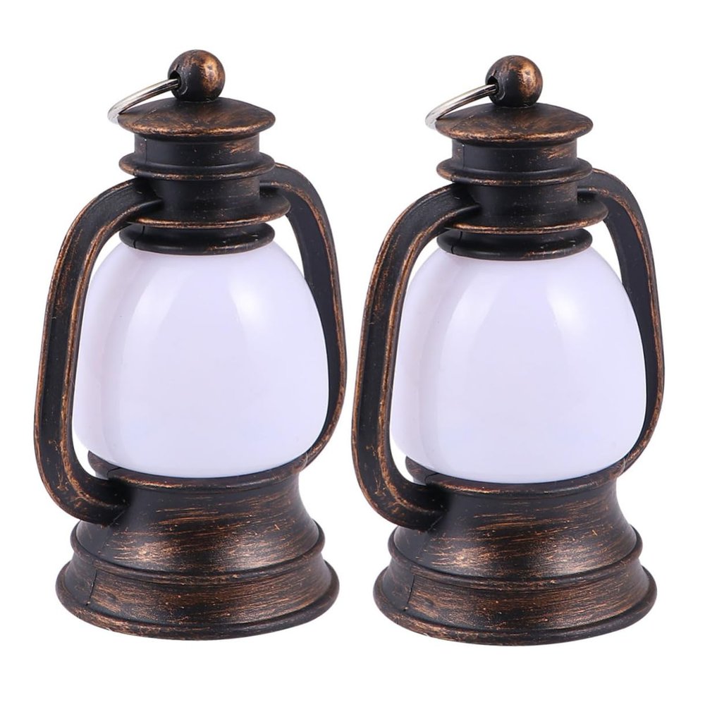 Luxshiny 2pcs Retro Mini Kerosene Lamp Led Vintage Lantern for Camping Outdoor Use and Emergency Situations Small Ancient Copper Finish
