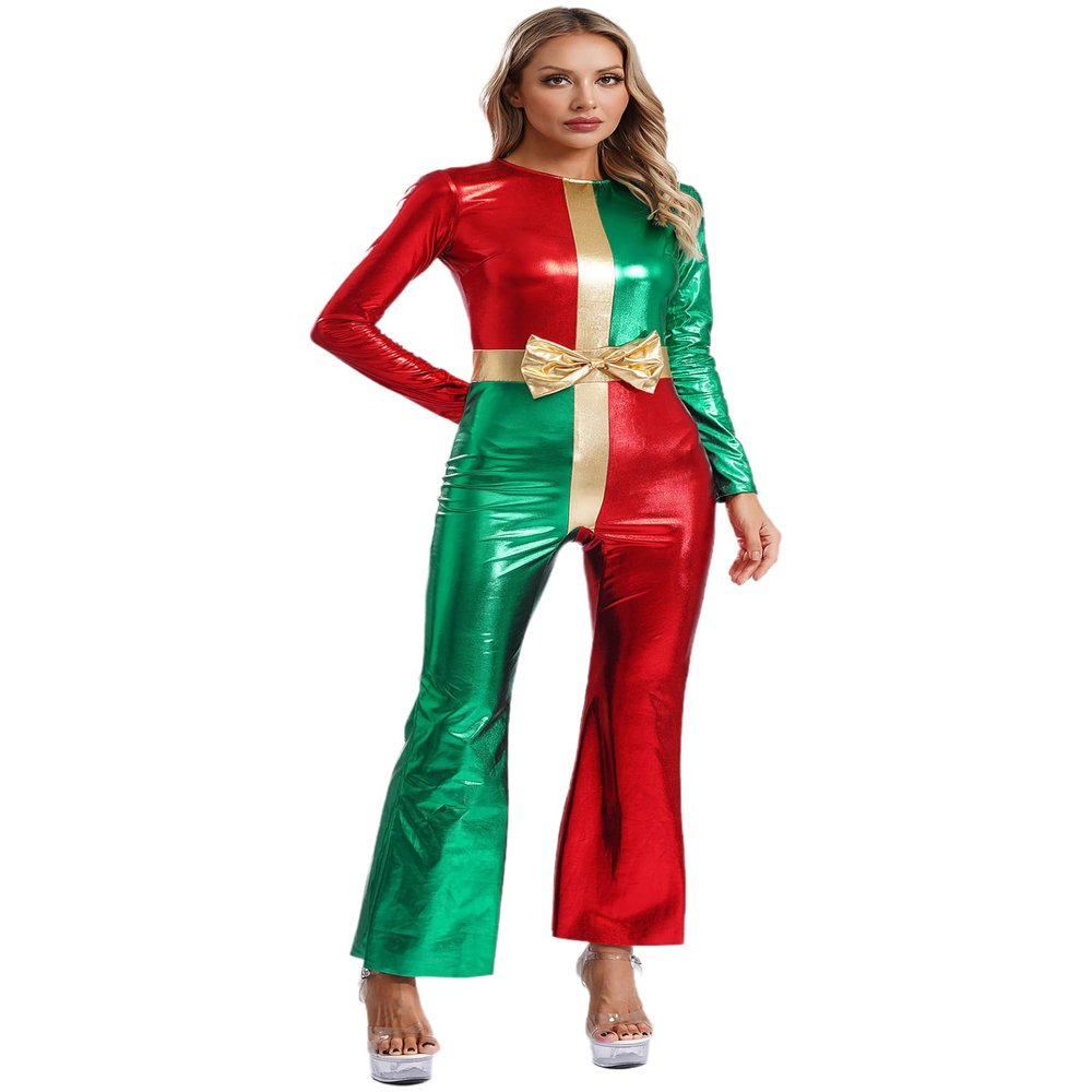 Miutii Womens Christmas Dance Costume Shiny Metallic Bell Bottom Jumpsuit Xmas Gifts Party Wear Red&Green Medium