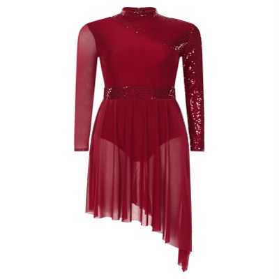 HULIJA Women's Sparkly Sequin Lyrical Dance Costume Long Sleeve Tulle Skirt Leotard Contemporary Dancewear Burgundy Medium