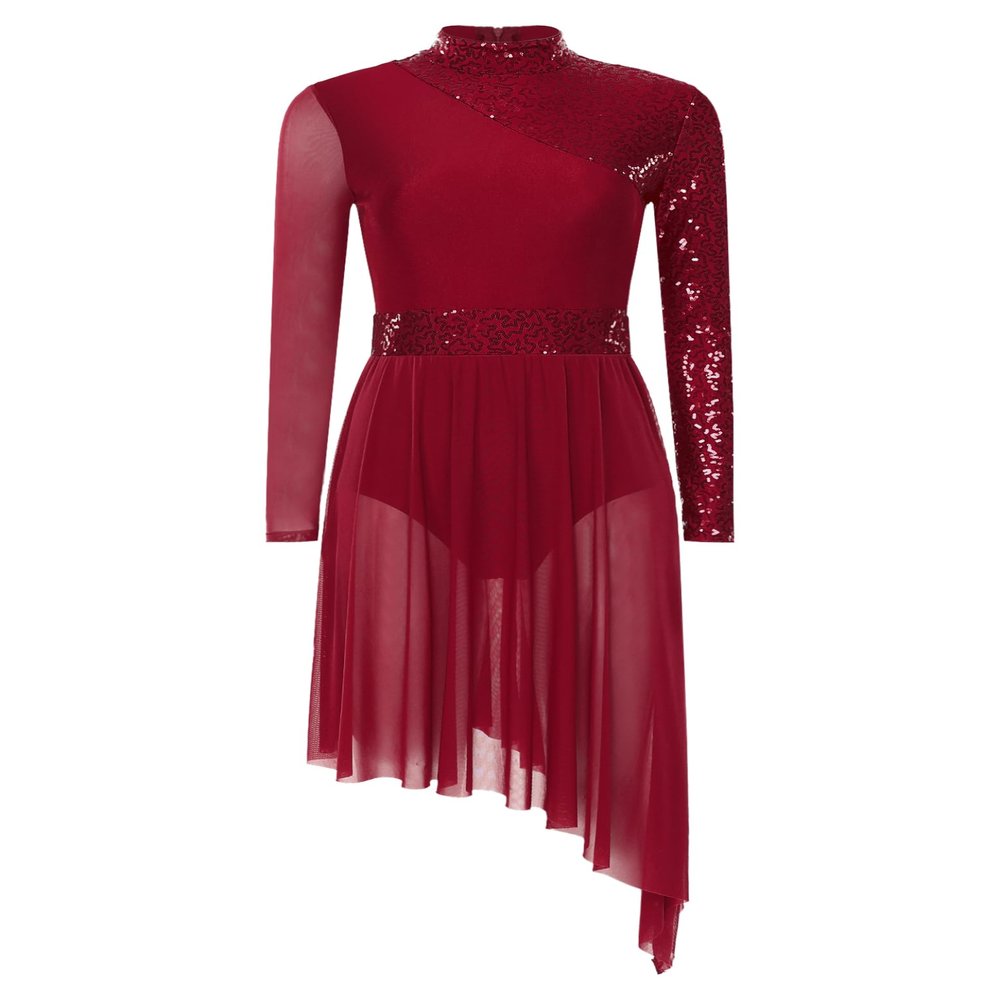 HULIJA Women's Sparkly Sequin Lyrical Dance Costume Long Sleeve Tulle Skirt Leotard Contemporary Dancewear Burgundy Medium