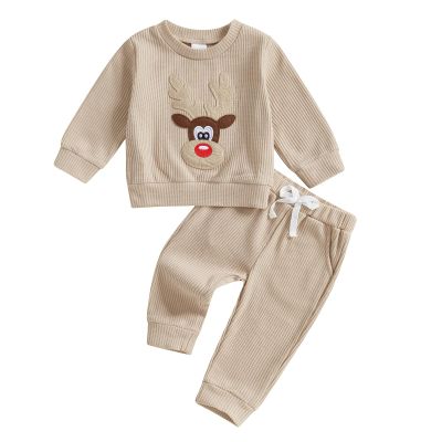 Socutebabe Toddler Baby Boys Christmas Outfit Merry Christmas Sweatshirt Long Sleeve Shirt Pants 2Pcs Fall Winter Clothes (Reindeer-Beige, 18-24 Months)